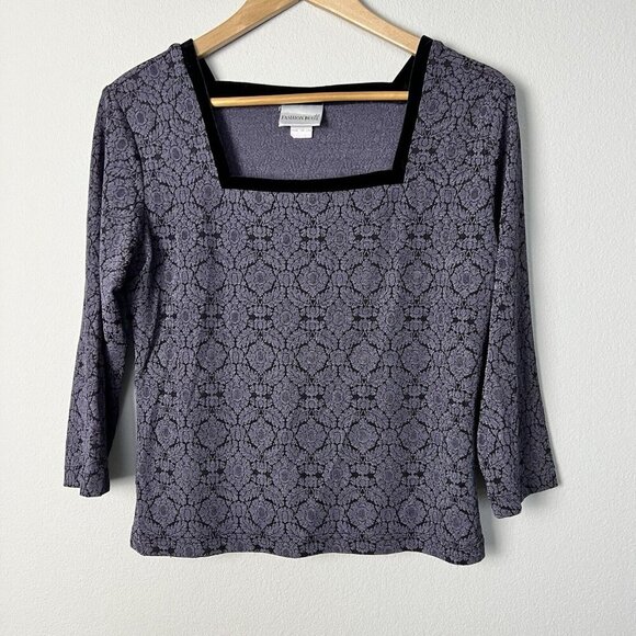 Vintage 90s Y2K Dark Floral Velvet Trim Top‎ Whimsigoth Romantic Size Large - Picture 1 of 7